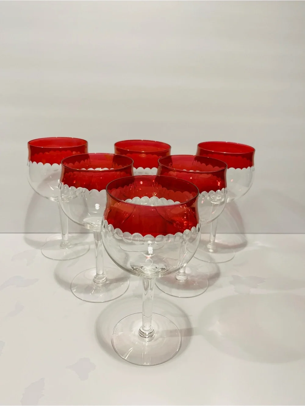 Vintage 1950’s Czech Crystal Cranberry Cut Dots Wine Glasses Set of 6